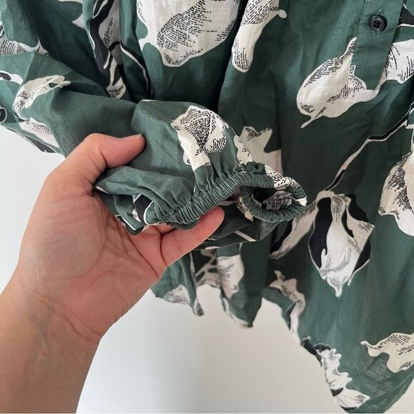 THE GREAT. Green Tale Floral Vintage Inspired Smocked Blouse - Picture 6 of 11